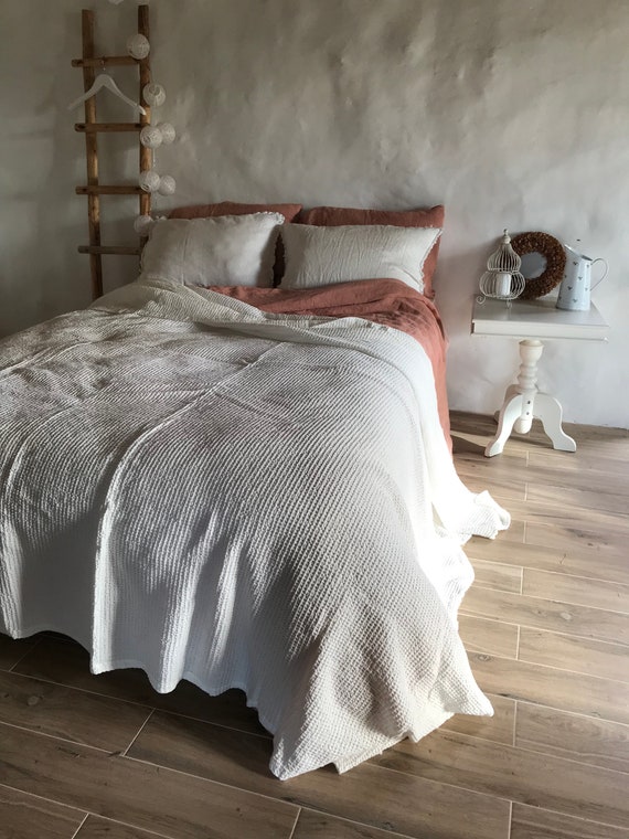Weiße Decke, Leinen und Baumwolle Mischdecke, Voluminöser Leinen Überwurf, Natur Decke, Leinen Decke, Tagesbett Decke, Weihnachtsgeschenk