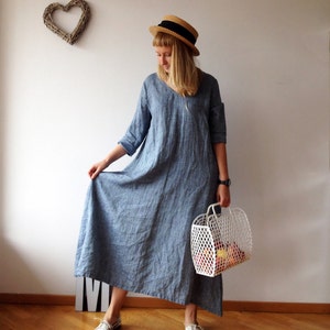 Linen Maxi Dress with Long Sleeves, Blue dress, Linen Dress, Plus size dress, Tunic Dress Trapeze, Plus size Maxi Linen Dress, Long linen