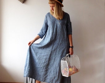 Linen Maxi Dress with Long Sleeves, Blue dress, Linen Dress, Plus size dress, Tunic Dress Trapeze, Plus size Maxi Linen Dress, Long linen