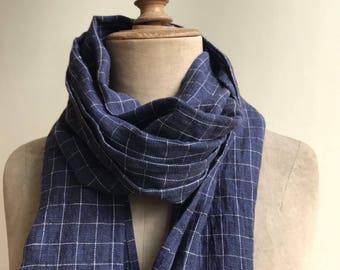 Checkered Linen Scarf, Gift for Him, Dark Blue Scarf, Gift for Men, Gift under 50, Gift for Boyfriend, Gifts for dad Scarf, linen scarve