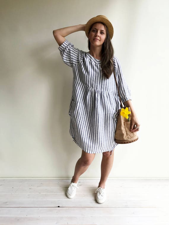 Striped Linen Dress, Summer Dress, Womens Dress, Plus Size Tunic Dress,  Loose Dress, Linen Dress Plus Size Linen Dress Woman With Sleeves 