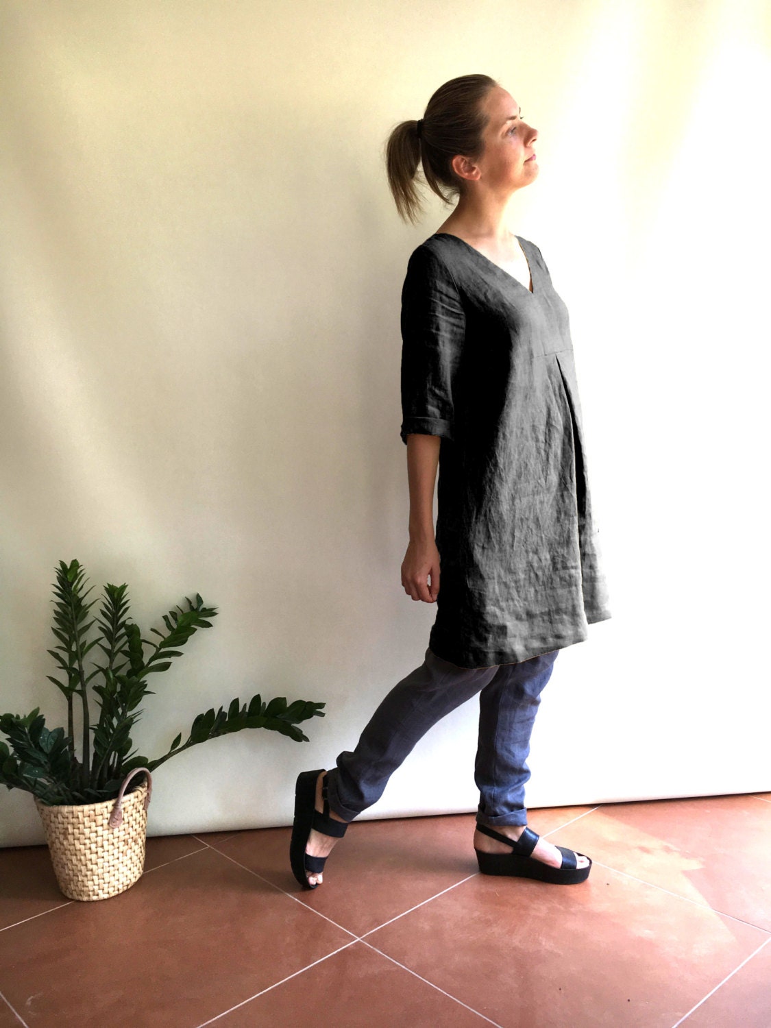 Grey Linen Tunic, Plus size Linen tunic, Loose Linen Dress for Women