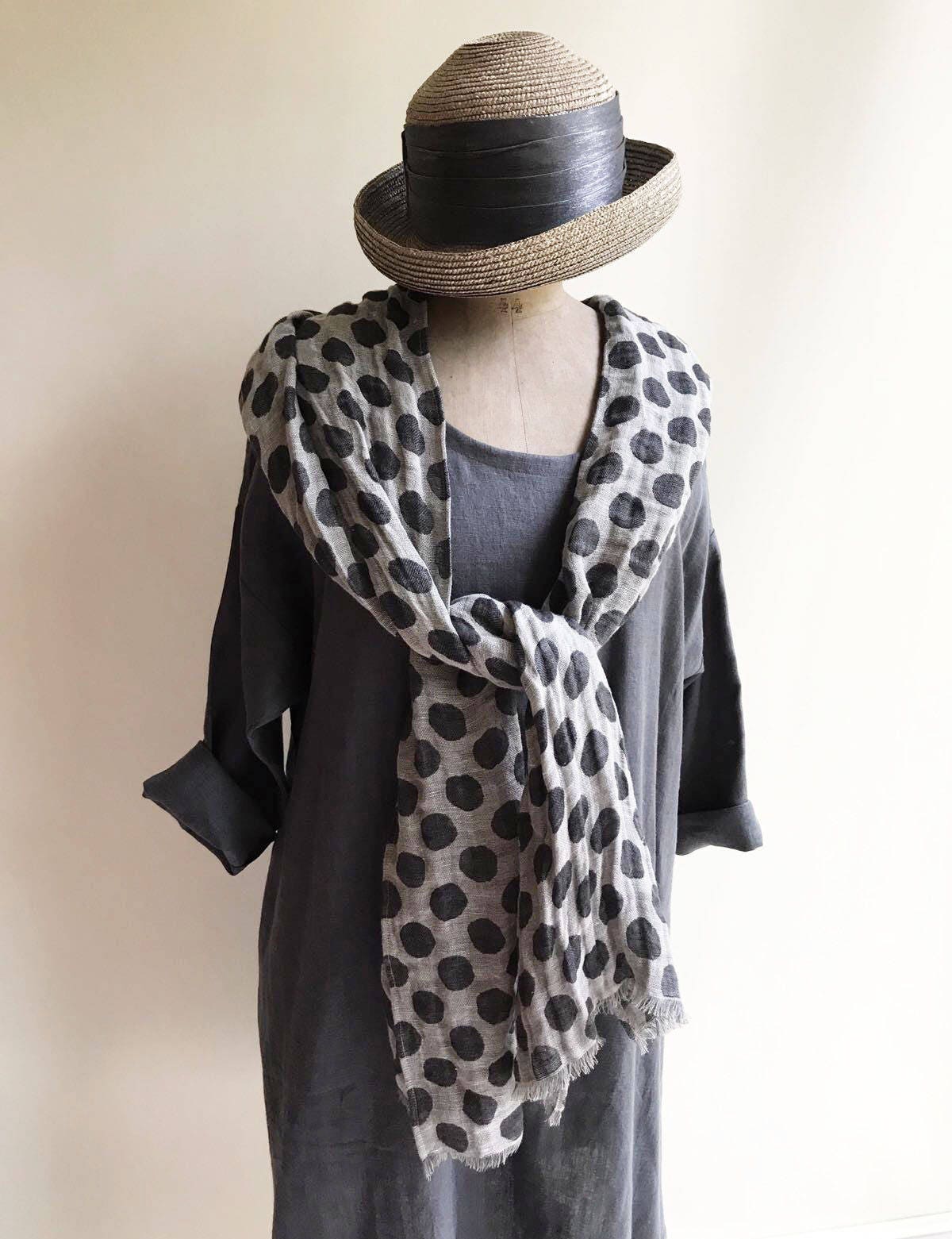 Polka Dot Scarf from Pure Linen, Grey Linen Scarf, Black Linen Scarf