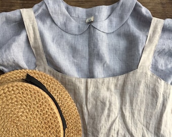 Blusa de lino con cuello Peter Pan, linda camisa de lino para mujer, camiseta de lino, camiseta de lino, camisa de talla grande, blusa de lino, top lindo, top a rayas