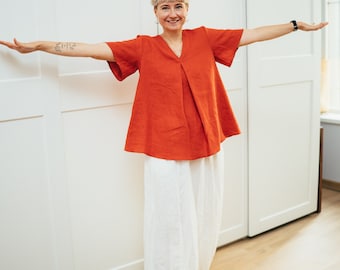Haut en lin pour femme avec manches cape, haut en lin pour femme, haut à col en V, t-shirt en lin, hauts en lin pour grandes tailles, chemisier en lin