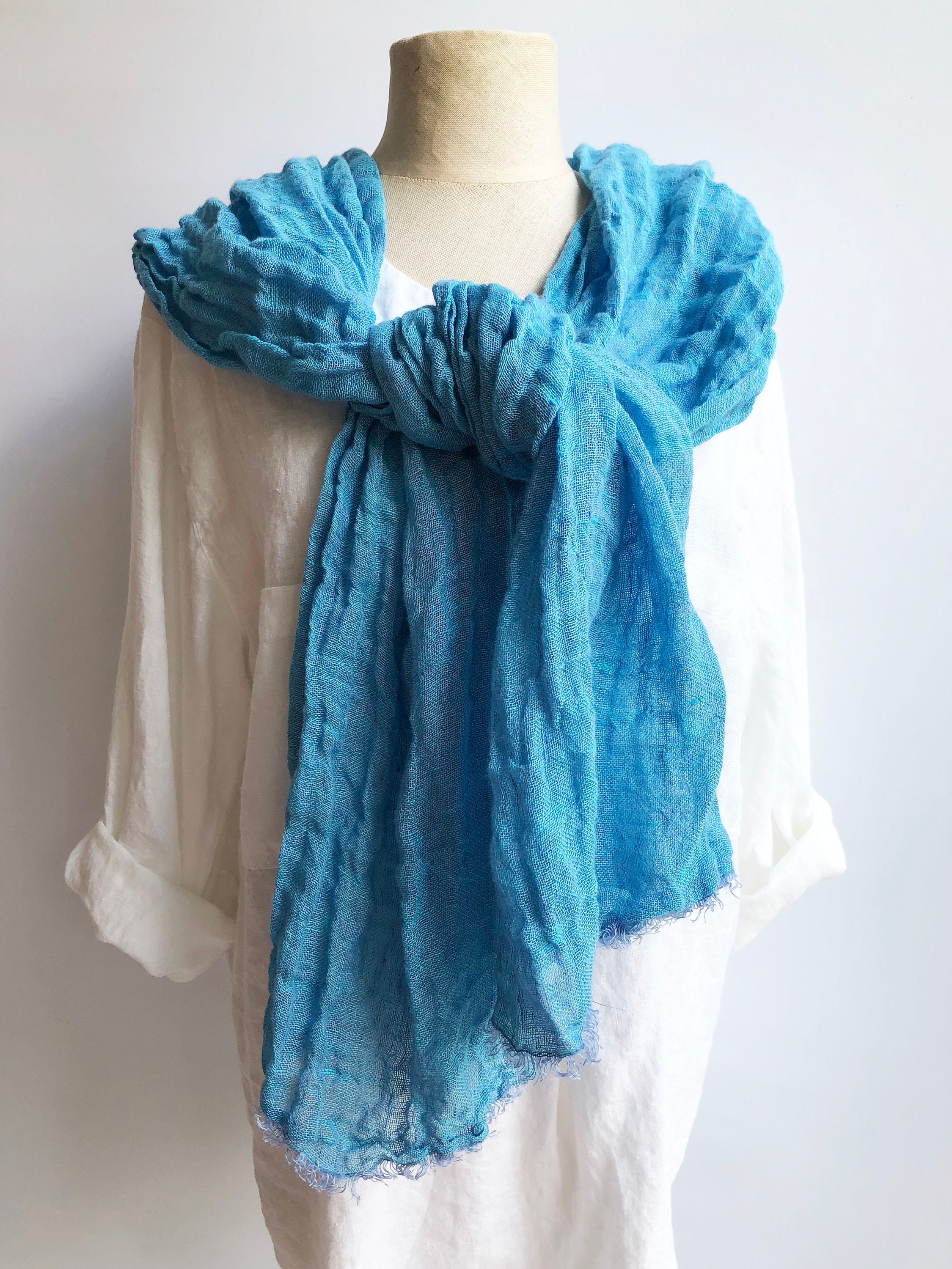 Bright Blue Gauze Linen Scarf, Blue Linen Scarf, Gauze Scarf for Her