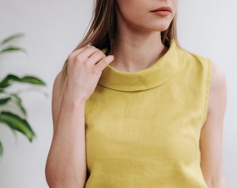 Chartreuse linen top 'Alyssa', Top with raised neck, Sleeveless blouse, Sleeveless shirt, Linen Top Women in Many Colors Linenbee