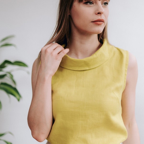 Chartreuse linen top 'Alyssa', Top with raised neck, Sleeveless blouse, Sleeveless shirt, Linen Top Women in Many Colors Linenbee