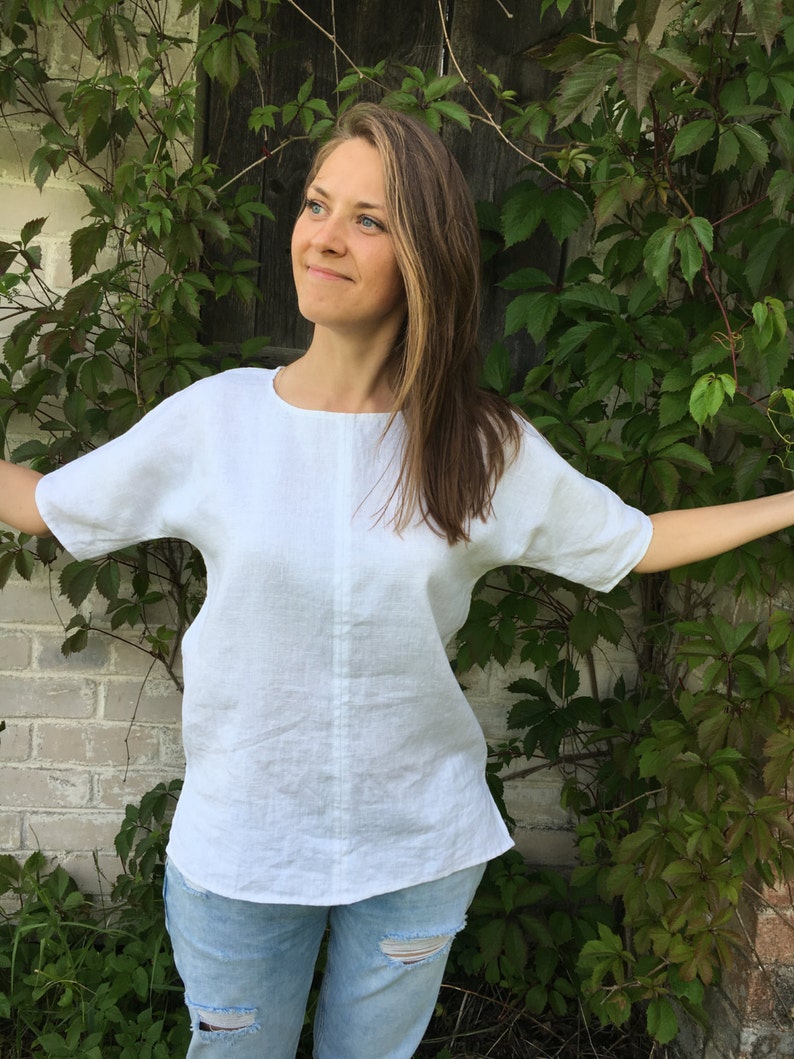 White Linen Shirt, Linen T-Shirt, Linen Top, Shirt with Sleeves, Linen Tee, Plus size shirt, Linen Blouse, Loose Linen Shirt, Plus size top image 4