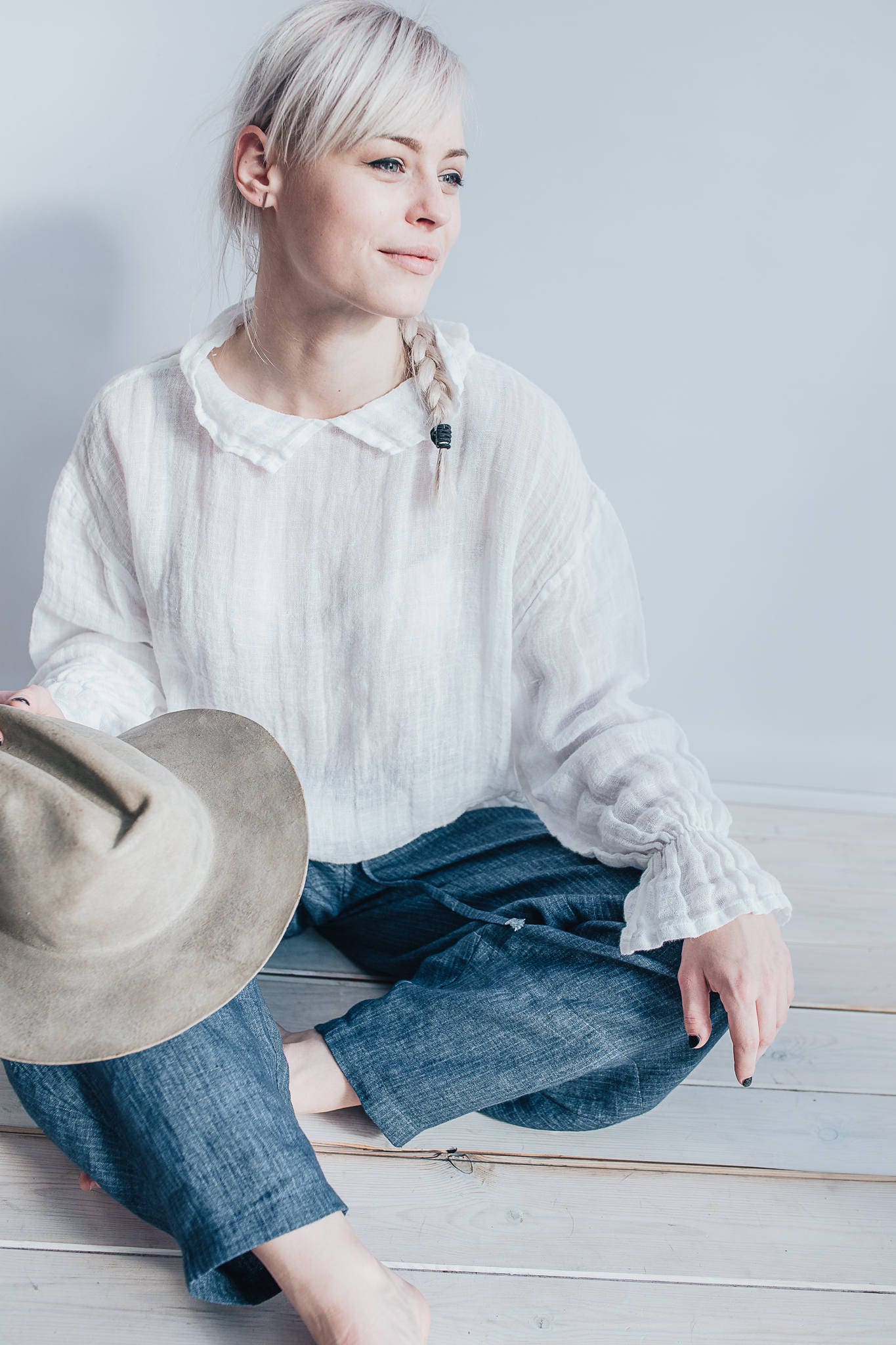 White Linen Gauze Top with Ruffled Cuffs