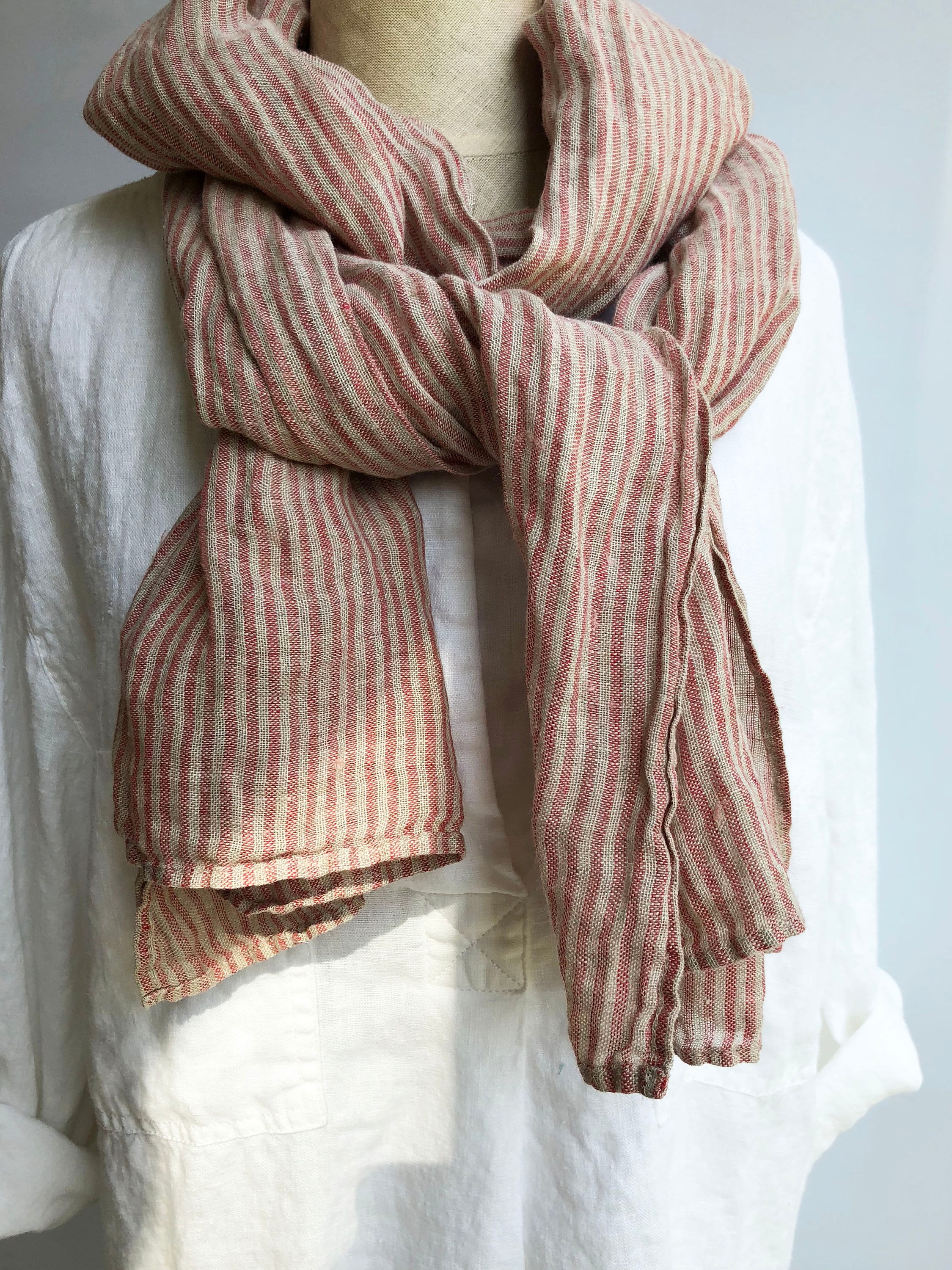 Striped Gauzy Linen Scarf, Soft Grey and Red Striped Linen Scarf, Gauze