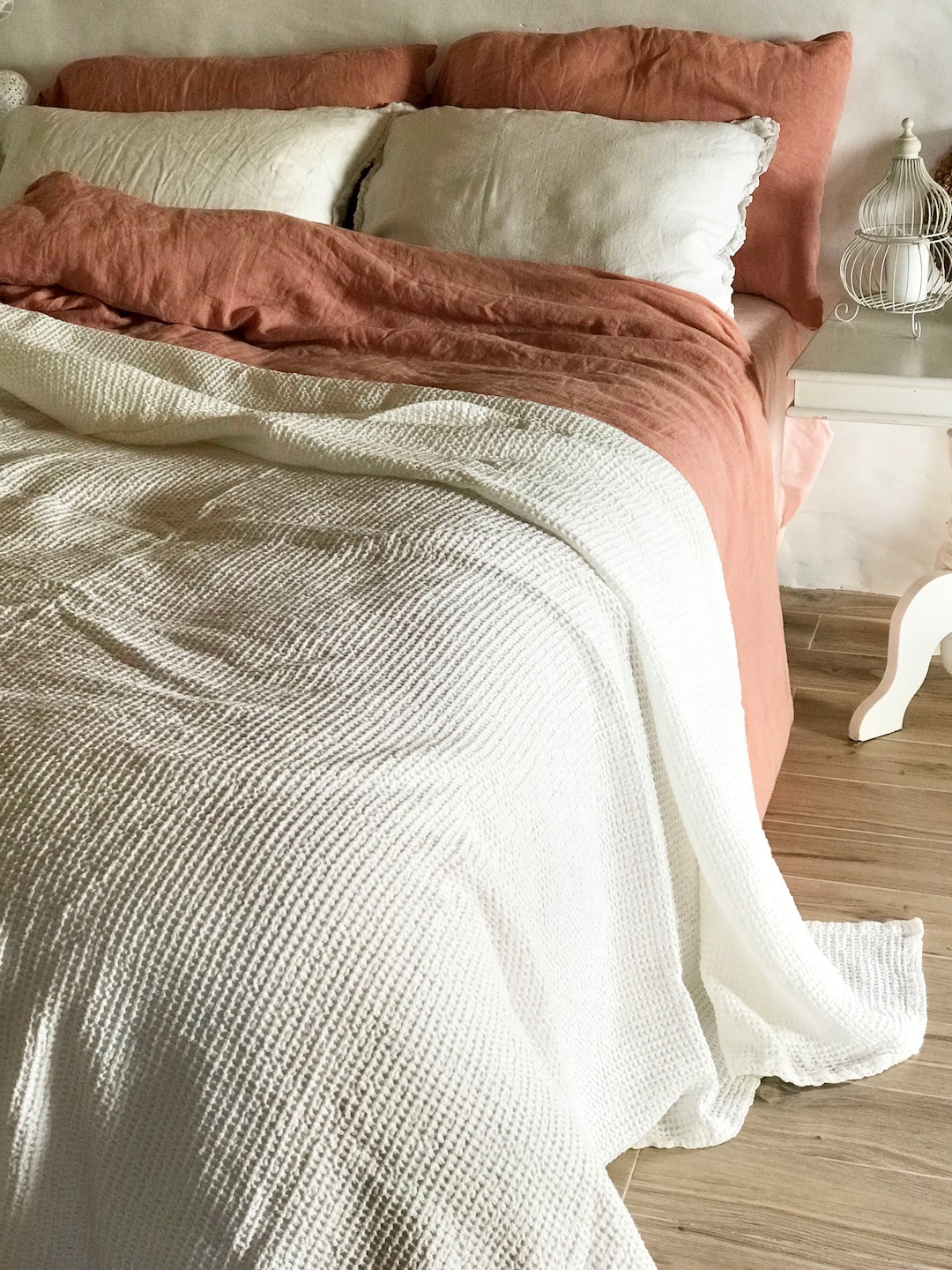 White Blanket Linen and Cotton Blend Blanket Voluminous Etsy