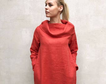 Linen Tunic Dress with Raised Neck, Womens Dress, Linen Dress, Long Sleeve Tunic Dress, Plus size tunic, Linen Dress for Women, Burnt Orange