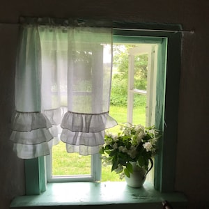 White Linen Curtain with Ruffles, Richly Ruffled Linen Valance, Three layers of Ruffle, Linen Kitchen Curtain, Romantic Linen Curtain Shabby