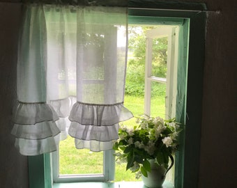 White Linen Curtain with Ruffles, Richly Ruffled Linen Valance, Three layers of Ruffle, Linen Kitchen Curtain, Romantic Linen Curtain Shabby