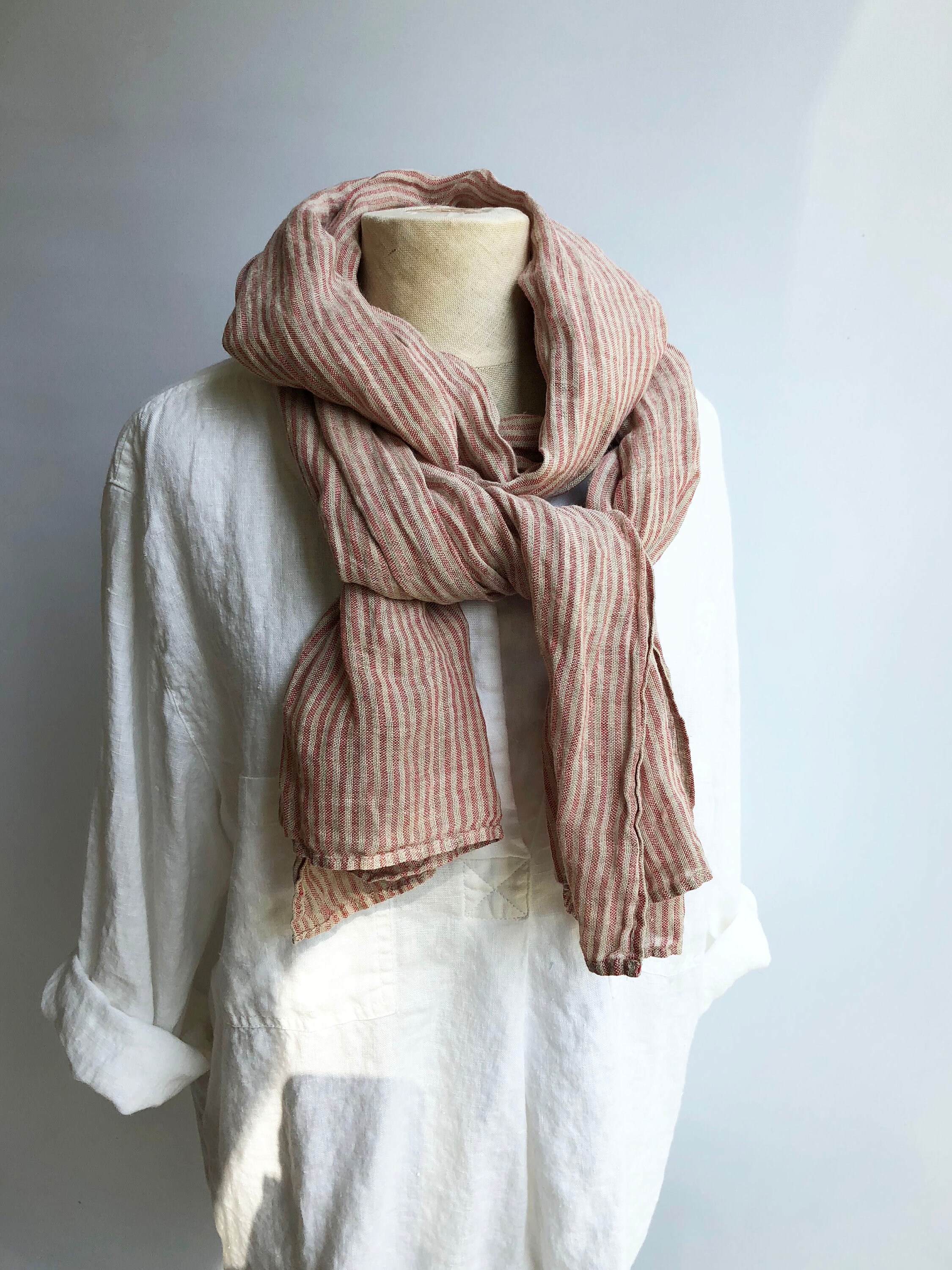 Striped Gauzy Linen Scarf, Soft Grey and Red Striped Linen Scarf, Gauze