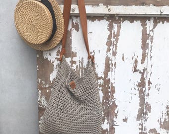 Linen Tote Bag, Rustic Shoulder Bag, Natural Summer Bag with Leather strap, Crochet tote bag, Beach bag, Crochet bag, Boho Shoulder Bag