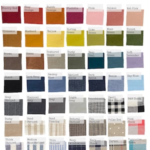 May include: A chart of 48 different linen fabric swatches, each with a name and a description. The swatches are arranged in rows and columns, and they show a variety of colors, patterns, and textures. The chart is titled "Linenbee Medium Weight Linens #185 gr/m2".