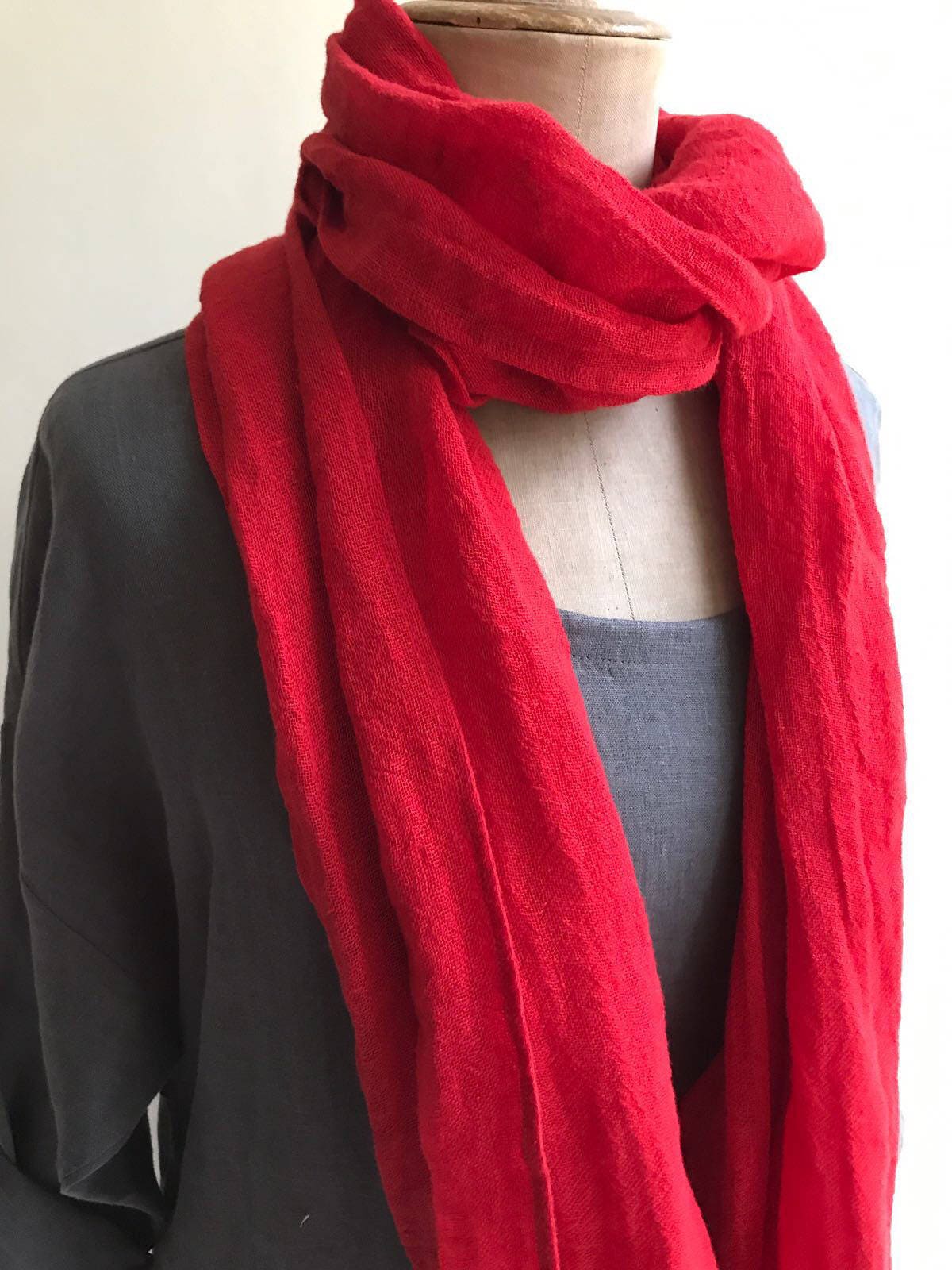 Red Linen Scarf, Eco friendly Scarf, Scarf for Her, Boho Scarf, Pure