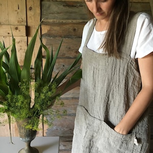 Rustic Pinafore Apron, Japanese Apron, Long Linen Apron, Kitchen Apron, Crafts Apron, Womens Apron, Vintage, Handmade, Cross over apron