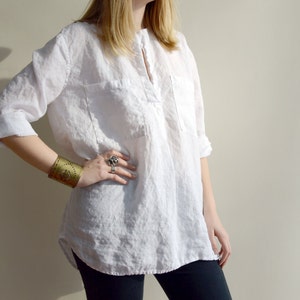 White Linen Shirt, Womens Shirt, Tunic Shirt, 3/4 sleeve shirt, boyfriend shirt, plus size shirt, summer shirt, light shirt, boho shirt image 3