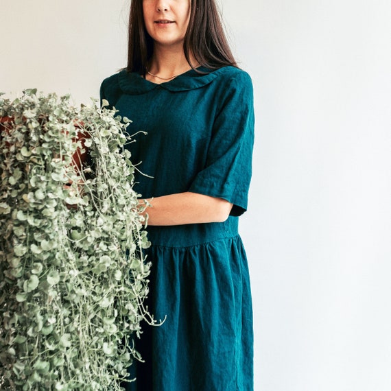 Linen Dress with Peter Pan Collar Melody, Midi Length Dress, Womens Linen Dress, Oversized Dress, Plus Size Dress, Maxi Length Dress Loose