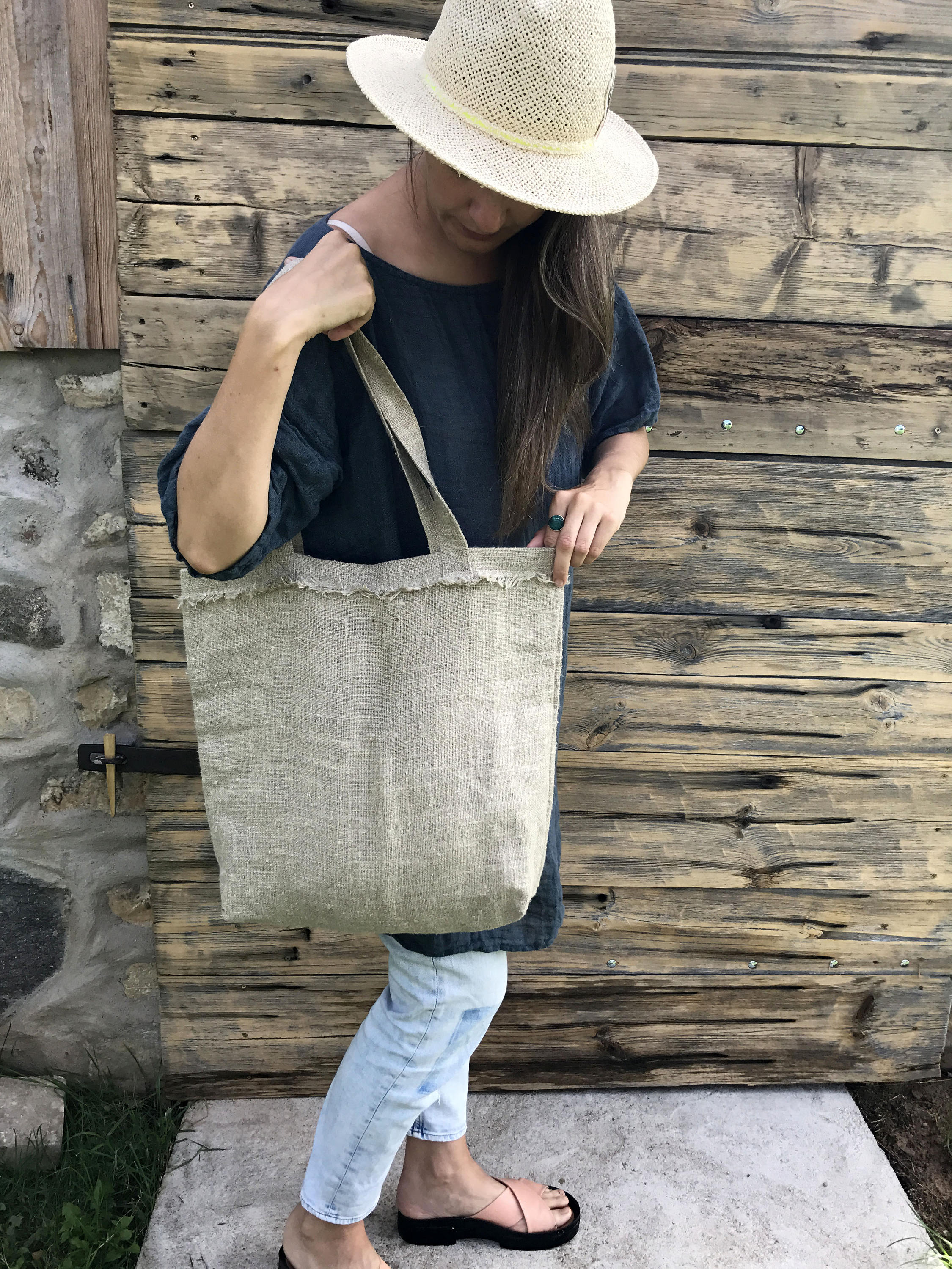 Burlap Shopping Bag, Rustic Linen Tote Bag, Natural Linen Canvas Tote Bag, Linen Handbag, Fabric