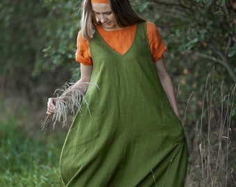 Linen Pinafore Dress 'Mary Lou', Smock Dress Linen, Linen Dress Women, Plus size Linen tunic dress V neck linen dress linen midi dress green