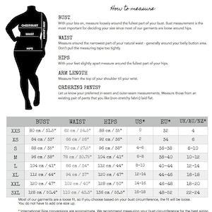 May include: A size chart with measurements in inches and centimeters, including bust, waist, hips, and arm length. The chart also includes US, EU, and UK/AU/NZ size conversions. Instructions on how to measure are also included.