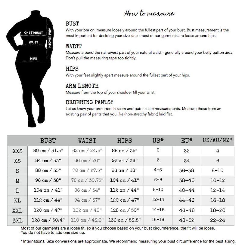 May include: A size chart with measurements in inches and centimeters, including bust, waist, hips, and arm length. The chart also includes US, EU, and UK/AU/NZ size conversions. Instructions on how to measure are also included.