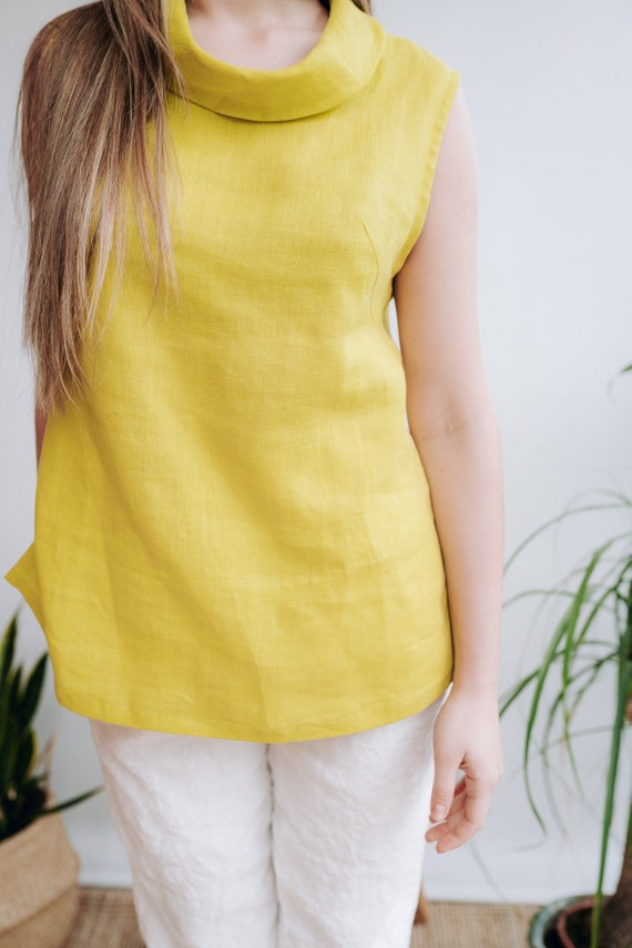 Chartreuse Linen Top 'alyssa', Top With Raised Neck