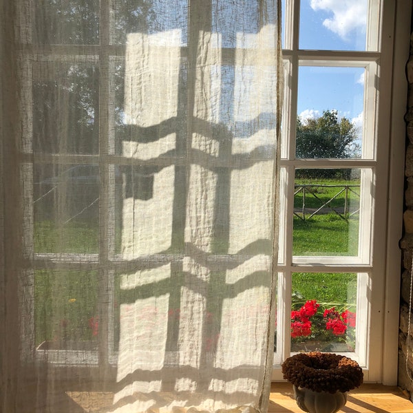 Off White Rustic Gauze Linen Curtain Panel, Window Curtains, Sheer Curtains, Linen Drapes, Long Curtain, Linen Curtains, Boho Curtains