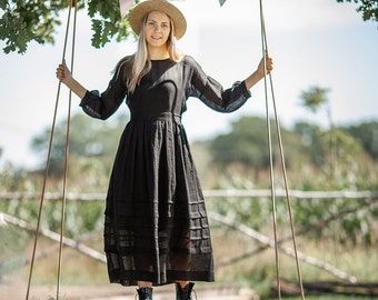 Gaas Linnen Jurk 'Cecilia', Boho Midi Jurk, Lange Vrouwen Jurk, Maxi Jurk, Edwardiaanse Jurk, Zwarte Jurk, Gotische Jurk, Zwarte Maxi Jurk