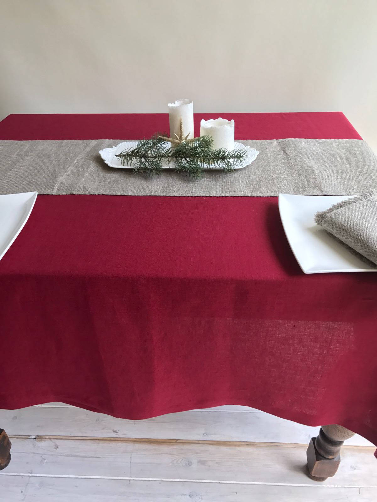 Maroon Red Linen Table Cloth, Christmas Linen Tablecloth Rectangle