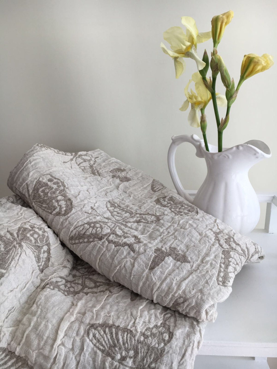 Linen Bath Towel with Butterflies, Rich linen towel, two sided duplex