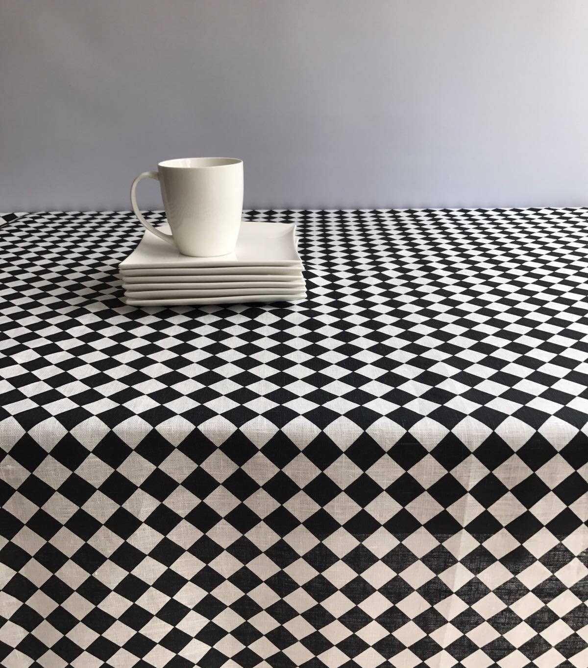 Black and White Checkered Tablecloth, Linen Tablecloth, Retro Linen