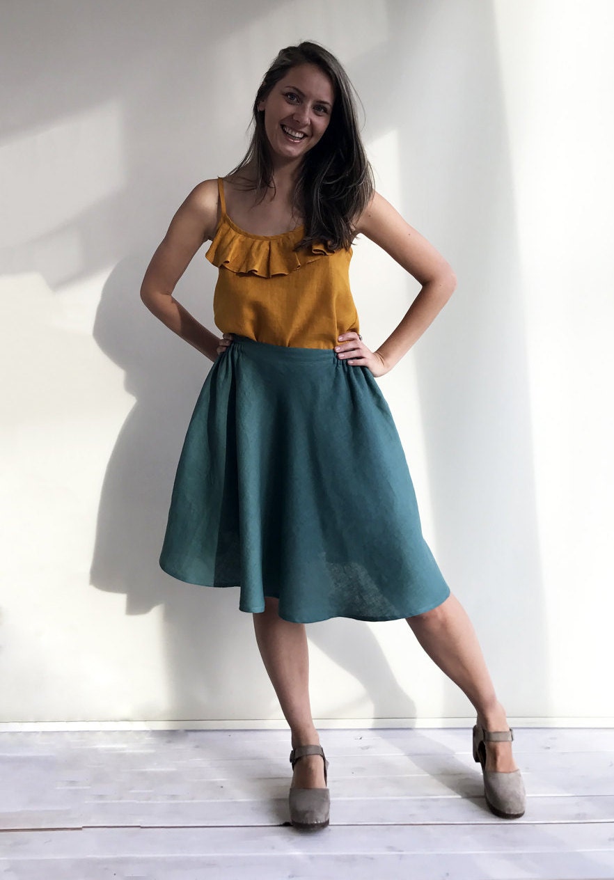 Linen Midi Skirt, Green Linen Skirt, Knee length Skirt, Midi Skirt Boho, Skirt with Pockets