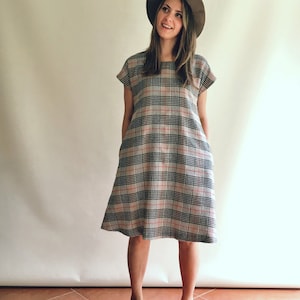 Warm Linen Dress, Autumn Dress, Mid Season Dress, Office Dress, Tartan Dress, Linen Plaid dress, XL dress, Plus size linen dress, Winter