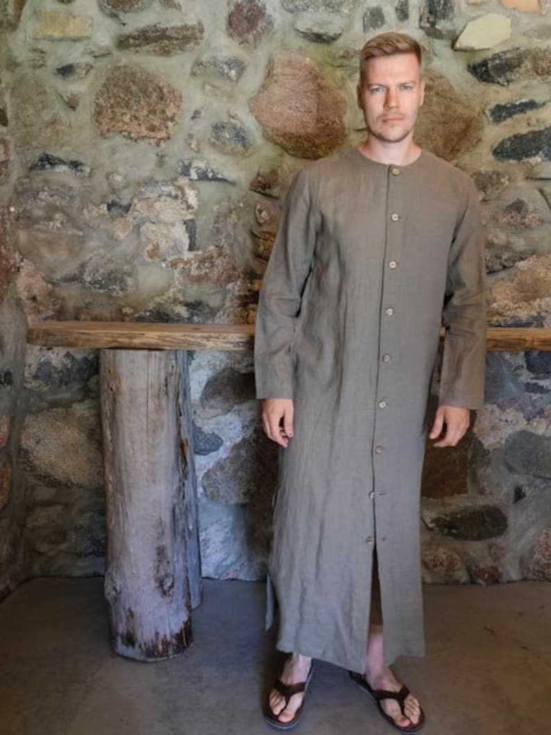Buttoned Linen Kaftan 'Jamie', Kaftan Robe with Buttons, Button Up Man robe, Plus size Gift for man, boyfriend gift, linen pyjamas Man gifts image 6