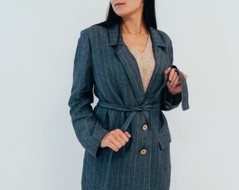 Kastige Leinenjacke, Damen Leinenjacke, Leinenmantel, Leinenstrickjacke, Jacke mit Tasche und Knöpfen