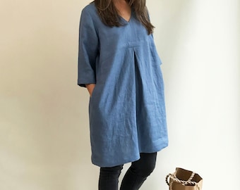 Elegant Linen Tunic, Linen Tunic Dress, Plus Size Tunic, Plus size Dress, Womens tunic, loose linen tunics, plus size clothing, Blue Tunic