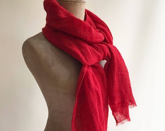 Red Linen Scarf, Eco friendly Scarf, Scarf for Her, Boho Scarf, Pure Linen Scarf, Wrinkled Scarf Red, Light Scarf Red Scarve Linen