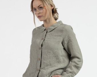 Leinenbluse mit Peter-Pan-Kragen, Leinenhemd Frauen, Knopfhemd, Plus Größe Hemd, Leinenbluse, süßes Oberteil, Langarmhemd