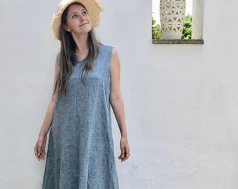 Linen Maxi Dress , Blue dress, Linen Dress, Plus size dress, Tunic Dress Trapeze, Plus size Maxi Linen Dress, Long linen