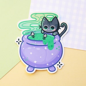 cauldron kitty | cute stickers, halloween stickers, spooky stickers, witchy art, pastel goth, black cat sticker, witch sticker kawaii art