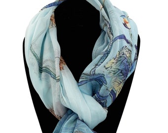 Blue Silk Scarf With Woodland Scene