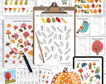 Fall worksheets for kids, Autumn busy book, Preschool printable, Kindergarten worksheets, Toddler activity book, Seasons Learning binder