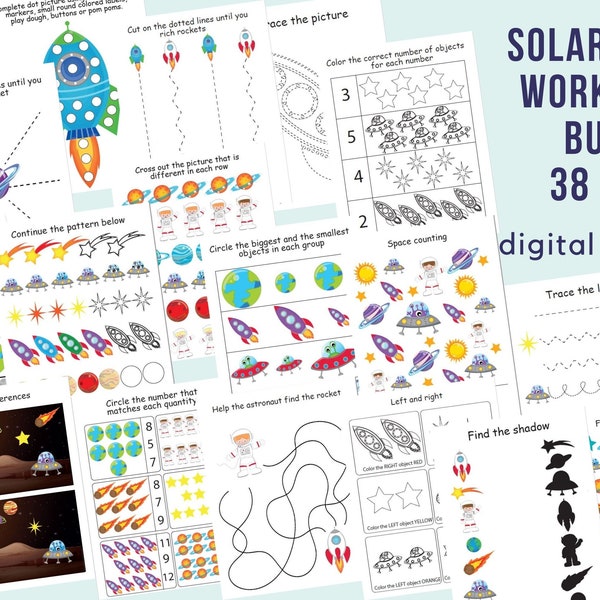 Lot de feuilles de travail sur le système solaire, à imprimer pour les enfants d'âge préscolaire, à imprimer un livre occupé,