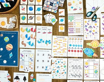 Schede didattiche sullo spazio, libro interattivo sul sistema solare, pacchetto stampabile sui pianeti per la scuola materna, schede didattiche di scienze per la scuola dell'infanzia, materiale Montessori per l'istruzione domiciliare
