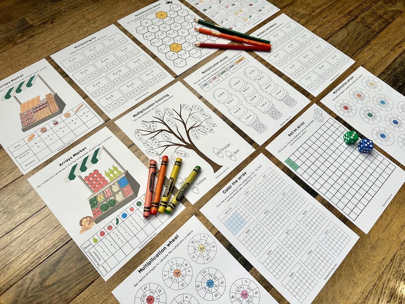 May include: A set of printable educational worksheets for kids to practice multiplication facts. The worksheets feature various themes, including a fruit stand, ice cream cones, and a tree. The worksheets include activities like coloring, rolling dice, and completing multiplication tables.